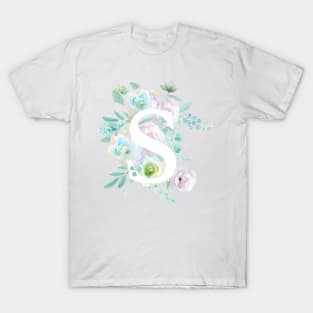 Botanical alphabet S green and purple flowers T-Shirt